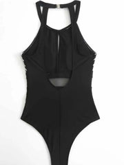 Black mesh halterneck swimsuit with keyhole cutout and stripe detail