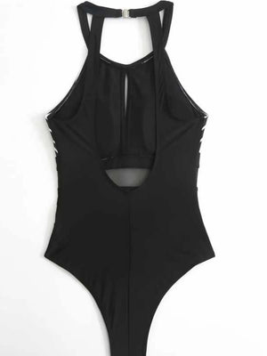Black mesh halterneck swimsuit with keyhole cutout and stripe detail