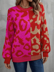 Split leopard knit sweater with statement balloon sleeves in rose/red and pink.