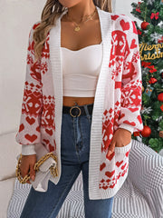 White and deep red jacquard open-front cardigan with hearts and snowflakes, acrylic, long sleeves, pockets.