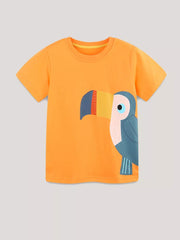Orange cotton crew neck t-shirt with a playful toucan graphic.