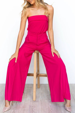 Hot pink structured bandeau top and wide-leg pants suit set