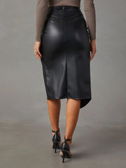 Black faux leather midi skirt with draped asymmetrical hem