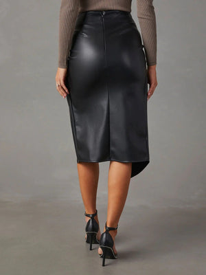 Black faux leather midi skirt with draped asymmetrical hem