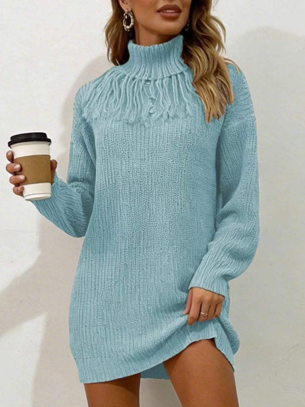 Full Size Turtleneck Fringe Sweater Dress in Burgundy, front view