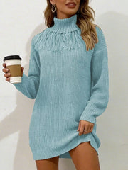 Full Size Turtleneck Fringe Sweater Dress in Burgundy, front view