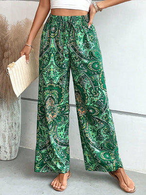 Paisley palazzo trousers in Dark Green with drawstring waist and wide leg.