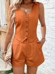 Orange cotton vest and pleated shorts set with button detail