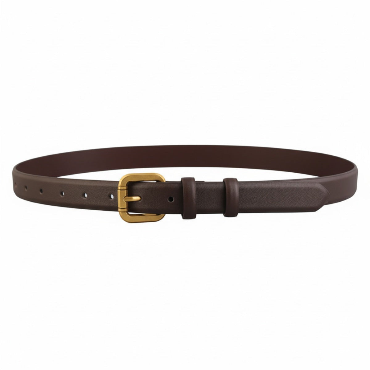 Brown cowhide leather belt with golden buckle and single keeper loop