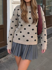Polka Dot Dropped Shoulder Sweater in Khaki, close-up detail
