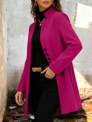 Chic longline trench coat in Deep Rose with button-down front and collarless neckline.