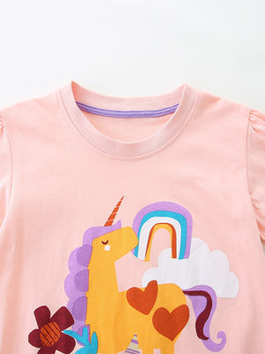 Pink cotton toddler t-shirt with unicorn, rainbow, and cloud graphic.