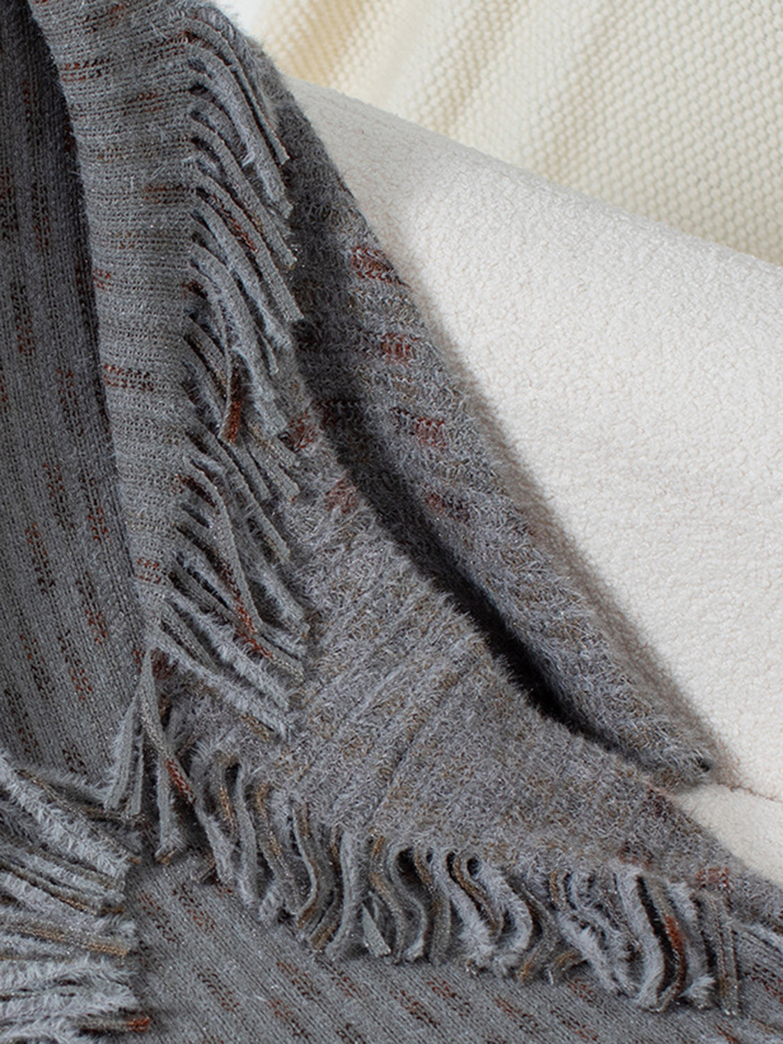 Dark Gray textured acrylic shawl cardigan with fringe details
