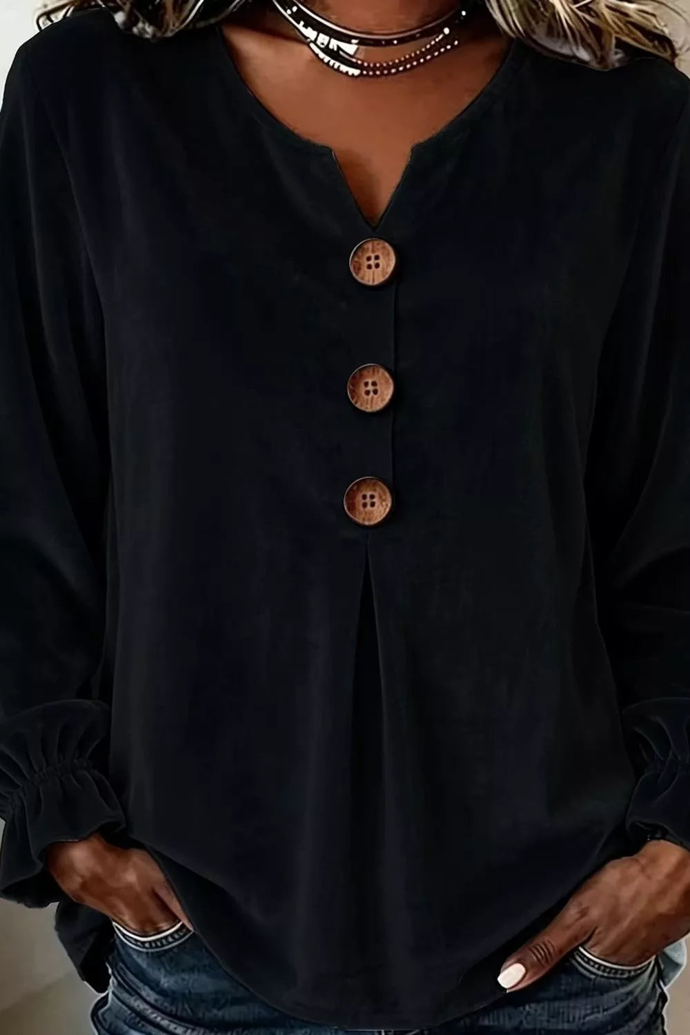 Velvet Button Decor Blouse With Ruffled Cuffs in Black, product detail