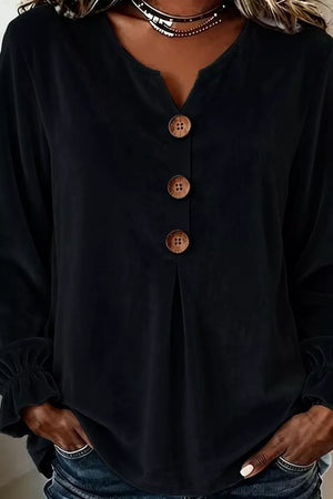 Velvet Button Decor Blouse With Ruffled Cuffs in Black, product detail
