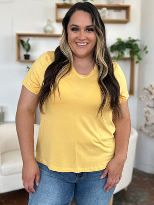 Yellow bamboo v-neck t-shirt with short sleeves and asymmetric hemline