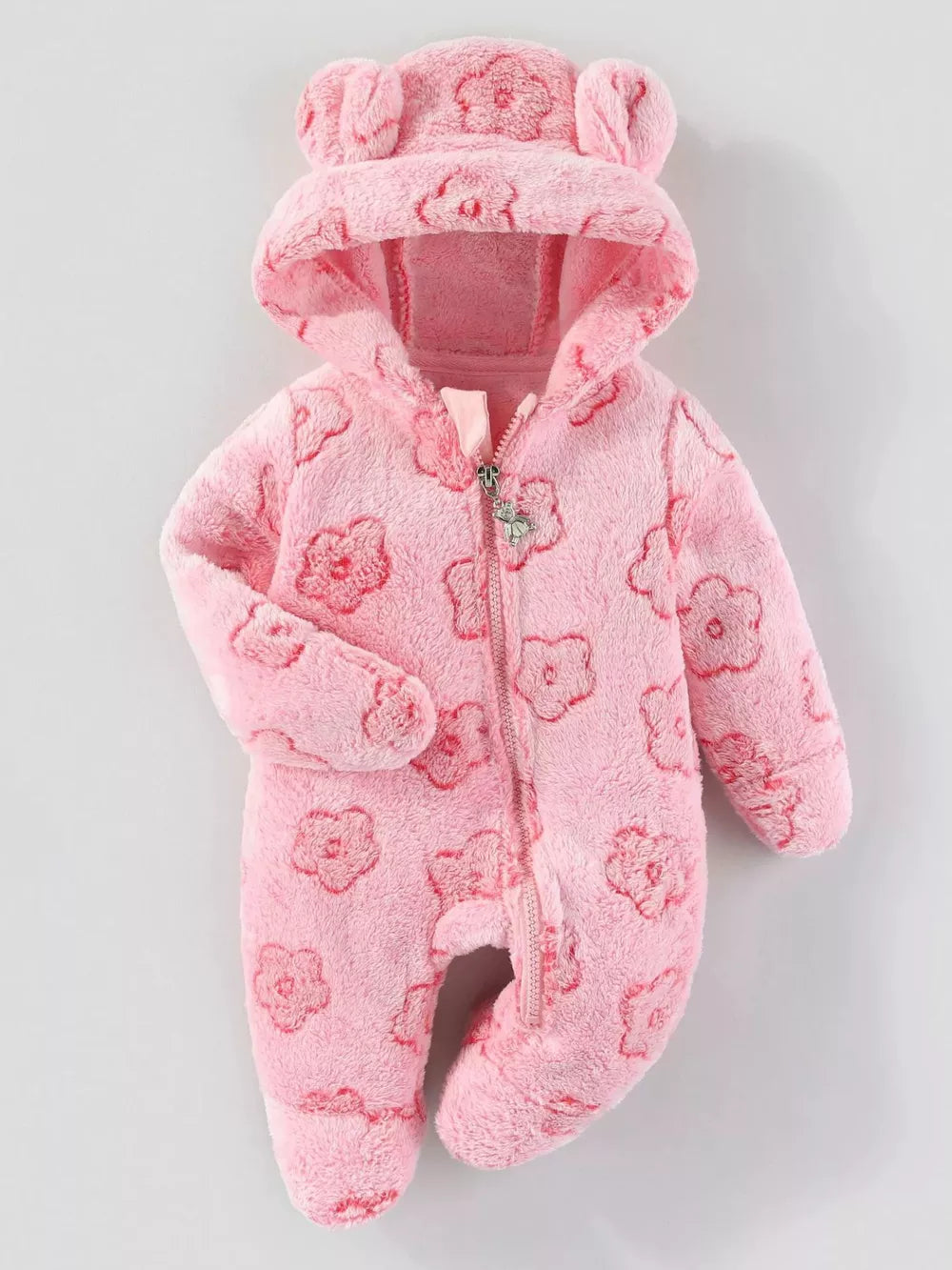 Pink plush hooded one-piece for baby with bear ears and floral pattern