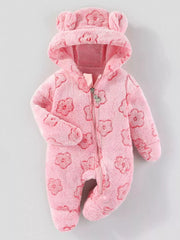 Pink plush hooded one-piece for baby with bear ears and floral pattern