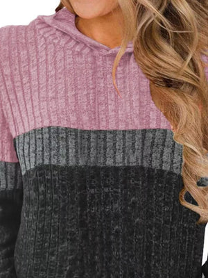 Ribbed knit color block hoodie in pink, gray, and black.