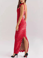 Red floral lace maxi dress with tie shoulder straps and a high slit.