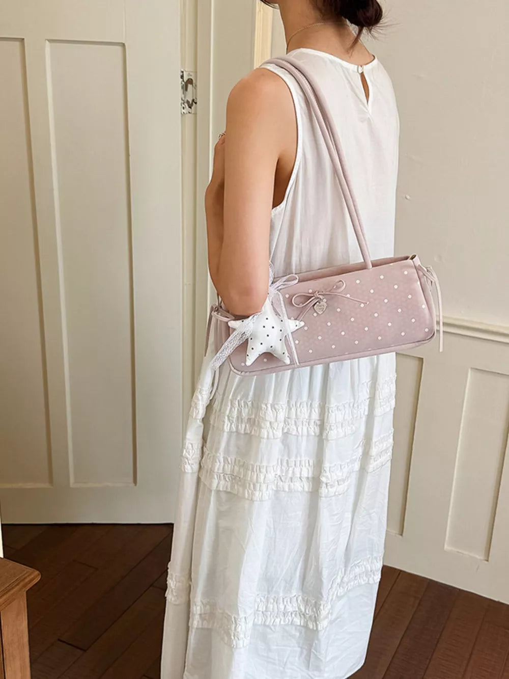Polka Dot Shoulder Bag in Blush Pink, model styling view