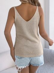 Khaki cable knit tank top with V-neck and button front detail.