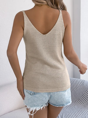 Khaki cable knit tank top with V-neck and button front detail.