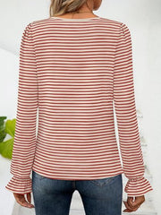 Deep Red striped blouse with square neckline and ruffle cuffs.
