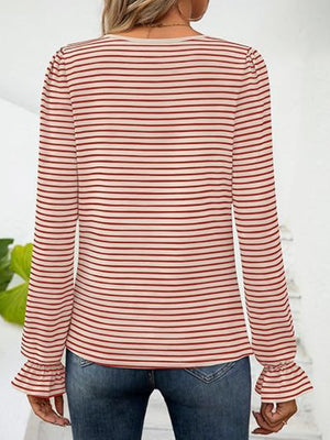 Deep Red striped blouse with square neckline and ruffle cuffs.