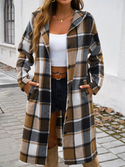 Checked plaid hooded duster coat in brown with button front and pockets.