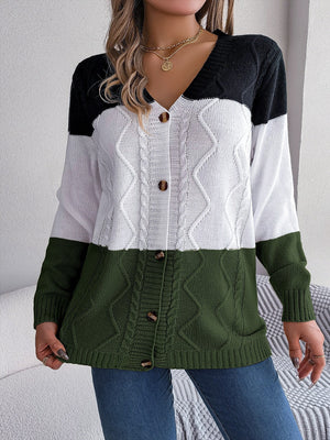 Colorblock cable knit cardigan with V-neck and buttons in black, white, and army green acrylic.