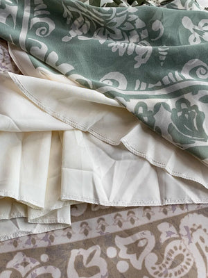 Dual-pattern V-neck cami dress with a sage green floral print and ivory lining.