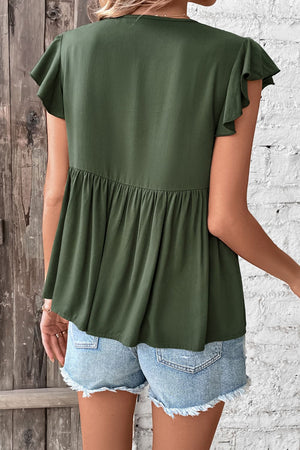 Sage tie-neck blouse with ruffle sleeves and empire waist detail