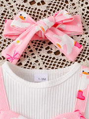 Children's Bow Duck Print Romper With Headband in Pink, side view