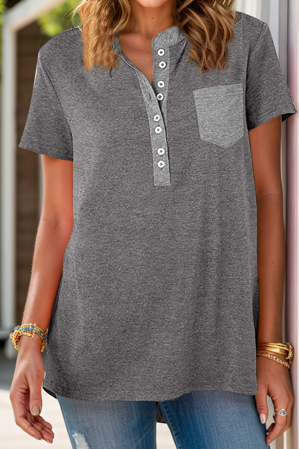Dark gray henley tee with button placket and contrast patch pocket