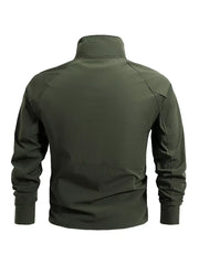 Men's military green quick-dry half-zip sweatshirt with stand-up collar and long sleeves.