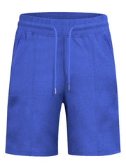 Sapphire blue casual shorts with drawstring and lace-up detail.