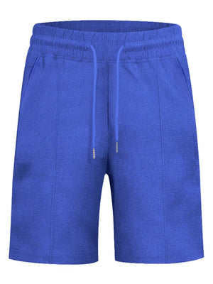 Sapphire blue casual shorts with drawstring and lace-up detail.
