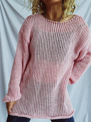 Blush pink open-knit slouchy boatneck pullover sweater with a relaxed fit.