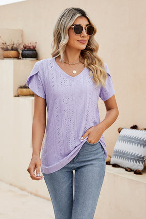Perforated sleeve detail knit top in lavender with V-neck and short sleeves.