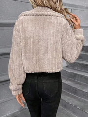 Textured teddy cropped button-up jacket in Dust Storm, featuring a fuzzy material and collared neckline.