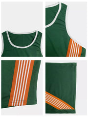 Green athletic-chic two-piece set with white trim and orange & white stripe details.