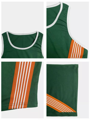 Green athletic-chic two-piece set with white trim and orange & white stripe details.