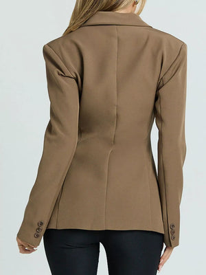 Brown single-button blazer with lapel and buttoned cuffs, shown from the back.