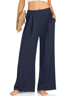 Dark Blue pleated palazzo trousers with pockets and wide legs.