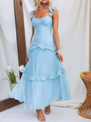 Aqua ruffled maxi dress with sweetheart neckline and tiered skirt.