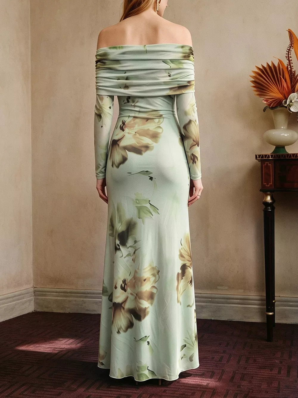 Ruffled Slit Off Shoulder Maxi Dress in Floral, side view