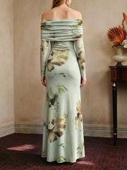 Ruffled Slit Off Shoulder Maxi Dress in Floral, side view