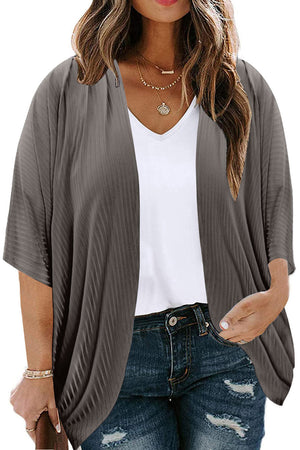 Drape-front ribbed batwing cardigan in dark gray with short sleeves, open front.