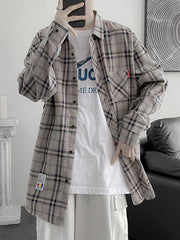 Men's Plus Size Plaid Button Up Shirt in Dark Gray, close-up detail